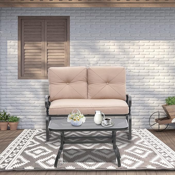 Incbruce Patio Loveseat with Coffee Table - Outdoor Bench with Cushion,2 Piece Wrought Iron Outdoor Loveseat Metal Frame Porch Furniture Set for Patio, Poolside, Garden (Brown)
