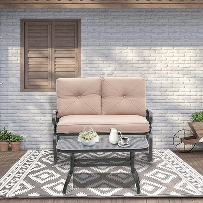 Incbruce Patio Loveseat with Coffee Table - Outdoor Bench with Cushion,2 Piece Wrought Iron Outdoor Loveseat Metal Frame Porch Furniture Set for Patio, Poolside, Garden (Brown)