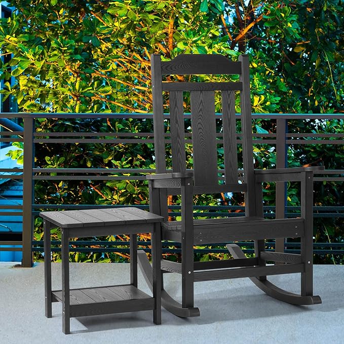 hOmeHua Weather Resistant Side Table, 17 inch Square 2-Layer Structure Wide Desktop, Imitation Wood Stripes, Easy to Assemble & Maintain, Suitable for All Indoor & Outdoor Places - Black