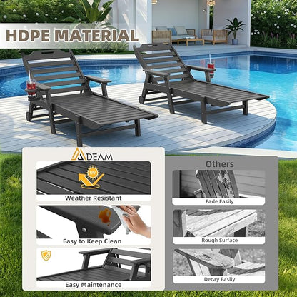 Mdeam 6-Position Lounge Chair Outdoor, 22" W Oversized Sun Tanning Chair, 500LBS Capacity, HDPE All-Weather Patio Lounge Chaise with Wheels Cup Holder for Pool Beach Backyard Lawn Deck, Dark Grey