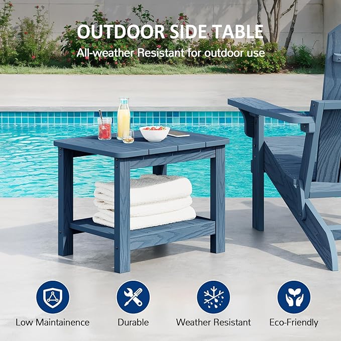 18" Outdoor Side Table, 2-Tier Patio Side Table, Weather Resistant, Easy Assembled, HIPS Adirondack Side Table for Backyard, Pool, Indoor, Blue