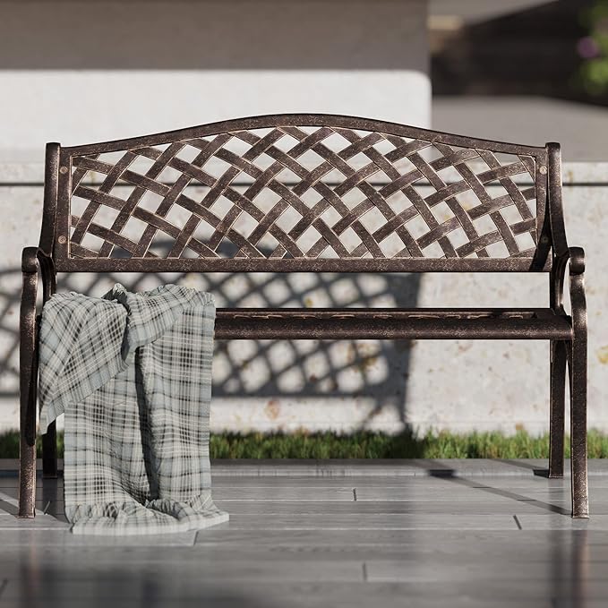 BELLEZE Patio Outdoor Garden Bench, 40 inch Cast Aluminum Loveseat Chairs with Armrests for Park, Yard, Porch, Lawn, Balcony, Backyard, Antique Seat Furniture, Bronze