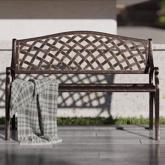 BELLEZE Patio Outdoor Garden Bench, 40 inch Cast Aluminum Loveseat Chairs with Armrests for Park, Yard, Porch, Lawn, Balcony, Backyard, Antique Seat Furniture, Bronze