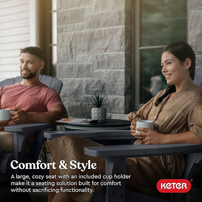 Keter Alpine Adirondack Resin Outdoor Furniture Patio Chairs with Cup Holder-Perfect for Beach, Pool, and Fire Pit Seating, Grey