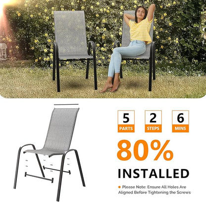 VINGLI Patio Chairs Set of 6 – Stackable Outdoor Dining Chairs with Comfortable Sling High Back Chairs and Armrests for Lawn, Poolside, Courtyard, Balcony, Garden, Silver Gray