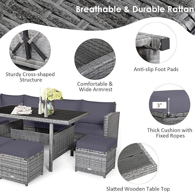 COSTWAY 7 PCS Wicker Outdoor Conversation Set, Patio Sectional Furniture Sofa Set with Table & Seat Cushions, Rattan Furniture Sets for Backyard Garden Poolside Porch, Grey