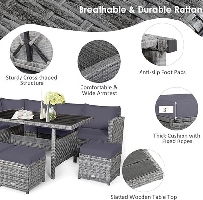 COSTWAY 7 PCS Wicker Outdoor Conversation Set, Patio Sectional Furniture Sofa Set with Table & Seat Cushions, Rattan Furniture Sets for Backyard Garden Poolside Porch, Grey