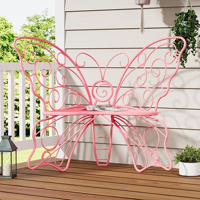 49 Inch Outdoor Bench, Pink Garden Bench with Metal Frame, Weatherproof Butterfly Front Porch Benches for Lawn, Garden, Yard, Balcony