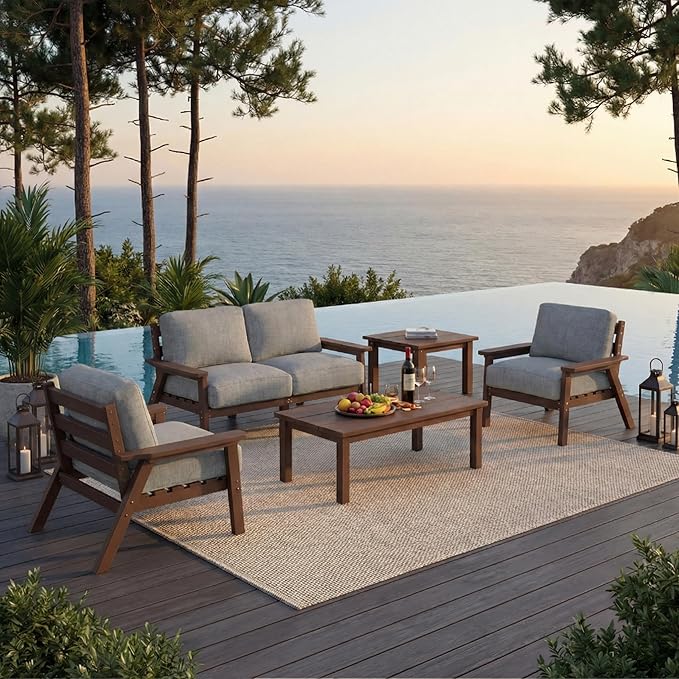 HDPE Patio Furniture Set 4 Seats, Outdoor Couch with Washable Thick Gray Cushions & Coffee Table & Side Table, Outdoor Sectional Furniture for Backyard, Deck, Lawn, Porch (Brown Frame)