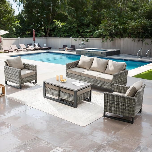 Rilyson Wicker Outdoor Patio Furniture Set - 6 Piece Patio Conversation Set with 2 Armrest Chairs, 2 Rattan Ottoman - Photo 1