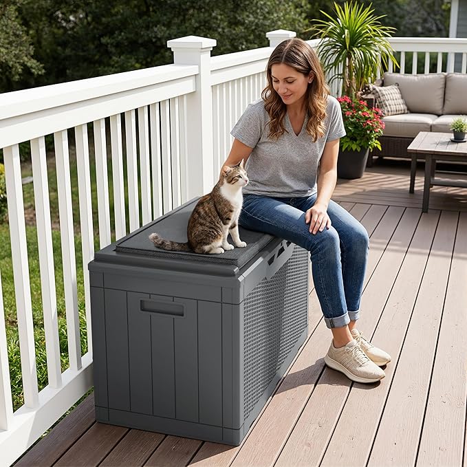 Greesum 100 Gallon Resin Deck Box Large Outdoor Storage Boxes with Cushions for Garden Tools, Patio Furniture Pillows - Photo 2