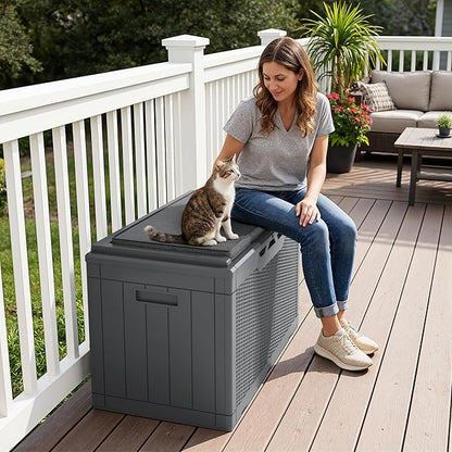 Greesum 100 Gallon Resin Deck Box Large Outdoor Storage Boxes with Cushions for Garden Tools, Patio Furniture Pillows, Pool Supplies, Gray