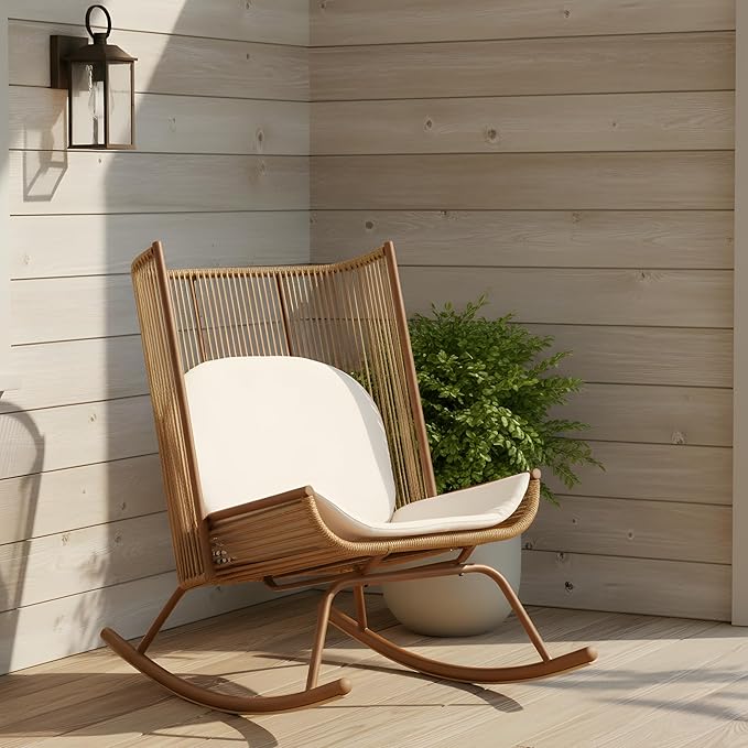 Christopher Knight Home Lumin Outdoor Rocking Chair, High Back PE Rattan Wicker Rocker with Metal Frame, Rocking Chair with Cushion, Comfort Rocker with Ergonomic Design for Patio or Lounge, Brown