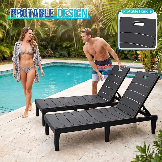 Greesum Outdoor Chaise Lounge Chair Set of 2, Waterproof 5-Position Adjustable PP Sun Loungers for Patio, Poolside - Photo 5