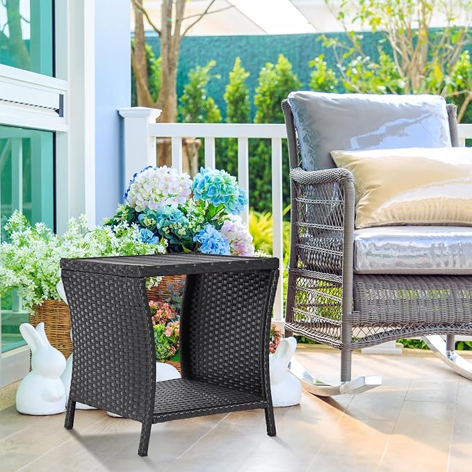 Outdoor Side Table Small Outdoor End Table for Patio Black Wicker Rattan Coffee Table with Storage & Poly Lumber Table Top Square for Outside Balcony Porch Backyard Deck