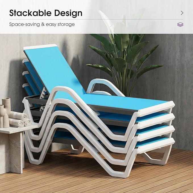 PURPLE LEAF Patio Chaise Lounge Set of 2 Plastic Pool Outdoor Lounge Chair with Armrest Stackable Poolside Tanning Chairs for Beach Deck Yard Sunbathing, Blue