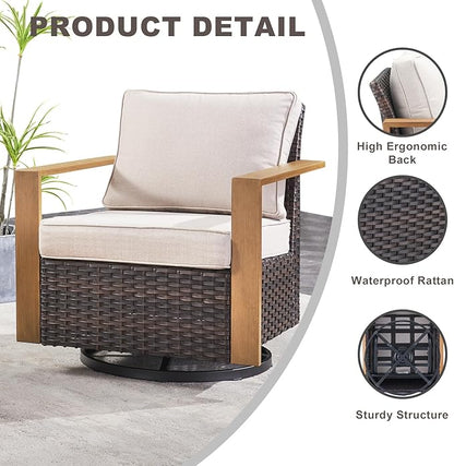 Outdoor Patio Swivel Rocker Chairs - 3 Piece Wicker Patio Furniture Bistro Set with 2 Swivel Rocking Chairs and 1 Metal Side Table,Thick Cushions,Deep Seating for Deck Porch Garden(Brown/Beige)