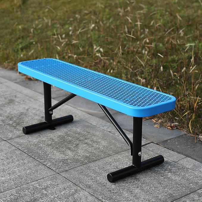 4 Ft Metal Park Benches for Outside, Outdoor Backless Bench with Thermoplastic Coating, Portable Frame, Commercial Expanded Metal Mesh Bench for Shopping Mall, Store, Park, Patio, Deck, Blue