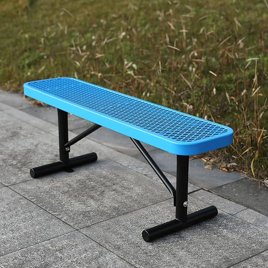 4 Ft Metal Park Benches for Outside, Outdoor Backless Bench with Thermoplastic Coating, Portable Frame, Commercial Expanded Metal Mesh Bench for Shopping Mall, Store, Park, Patio, Deck, Blue