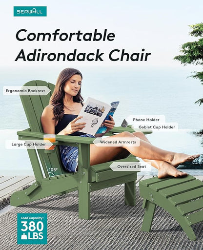 SERWALL Adirondack Chair with Cup Holders - Composite Adirondack Chairs Set of 4 HDPE Outdoor Chairs All Weather Use- Avocado