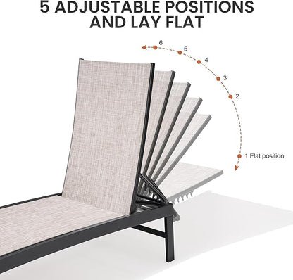 Crestlive Products Chaise Lounge Chair Outdoor Set of 2, Adjustable 5 Positions Pool Tanning Recliner, Outdoor Lounge Furniture Perfect for Patio, Beach, Yard, Pool