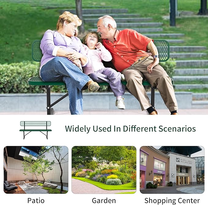 6ft Park Benches for Outside, Green Garden Benches Weatherproof with Backrest - Heavy-Duty Metal Bench for Patio Porch Backyard School Sports Church Locker Room Bench Commercial-Grade Seating