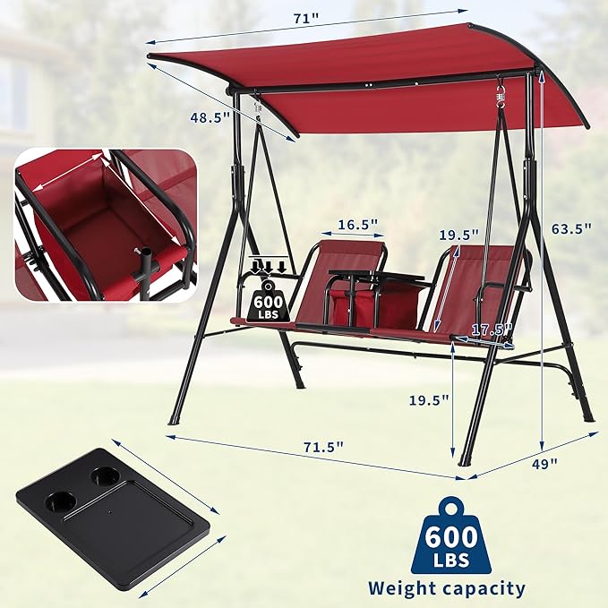 Porch Swing with Cup Holders & Pivot Storage Table & Cooler Bag with Adjustable Canopy for 2 Person Patio Swing for - Photo 6