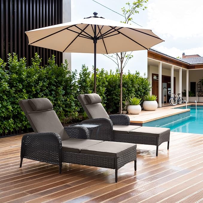 Belord 3 Piece Outdoor Chaise Lounge Patio Recliner - 75 Inch Adjustable Wicker Chaise Lounge with Soft Pillow Removable Cushions, All Weather Rattan Pool Lounge Chair Set 2 Poolside Brown/Grey