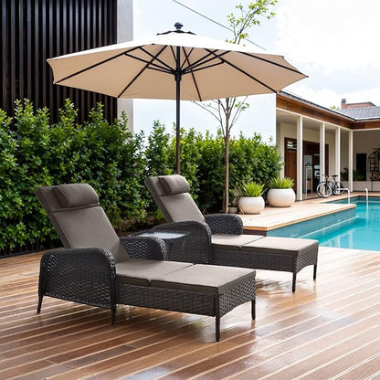 Belord 3 Piece Outdoor Chaise Lounge Patio Recliner - 75 Inch Adjustable Wicker Chaise Lounge with Soft Pillow Removable Cushions, All Weather Rattan Pool Lounge Chair Set 2 Poolside Brown/Grey