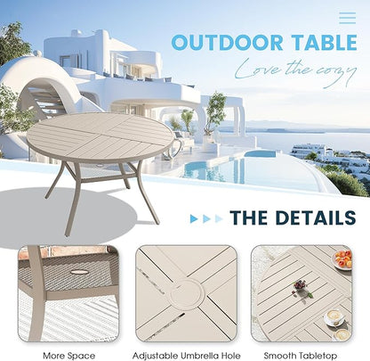 Patio Dining Table for 4-6, Round Metal Outdoor Table with Storage Shelf, 1.57" Umbrella Hole, 47" Outdoor Quartered Tabletop Dining Table for Backyard, Porch, Lawn, Sand