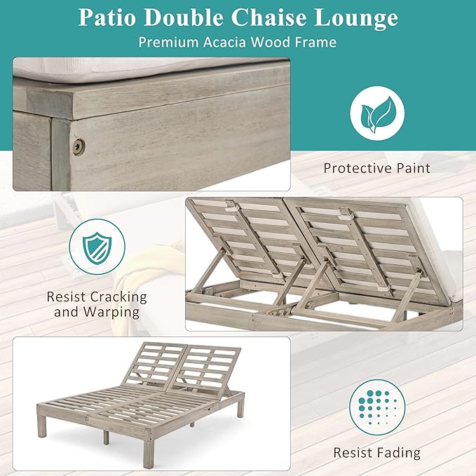 Acacia Wood Outdoor Patio Daybed Sunbed with 5-Position Adjustable Backrest, All Weather Double Chaise Lounge with Cushion and Folding Side Trays for Poolside Garden (Gray-3.20)