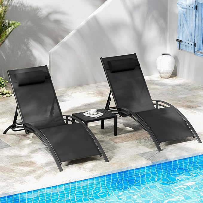 AthLike 3 pcs Poolchairs Patio Chaise Lounge Set with Headrest, 5-Level Adjustable Sunbathing Tanning Poolside Recliner Chairs with Side Table for Outdoor Beach (Black)