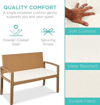 Best Choice Products Outdoor Bench 2-Person Wicker Garden Patio Benches Seating Furniture for Backyard, Porch w/Seat Cushion, 700lb Capacity - Ivory/Natural