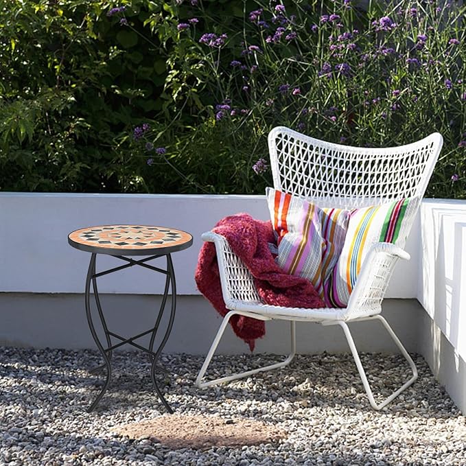 VCUTEKA Mosaic Outdoor Side Table - Small Patio Table Coffee Outside Accent Tables Round End Plant Tables for Bistro - Photo 8