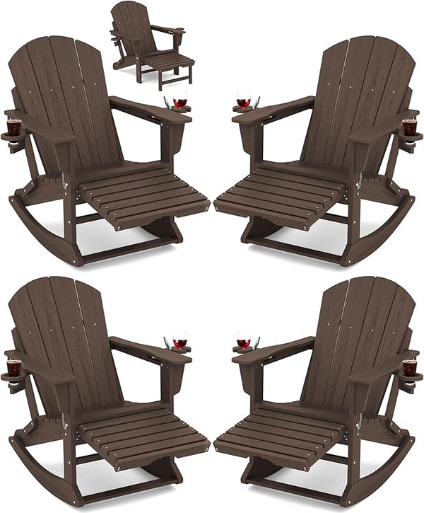 KINGYES Adirondack Rocking Chair Set of 4 with Retractable Ottoman and Cup Holders - Photo 1