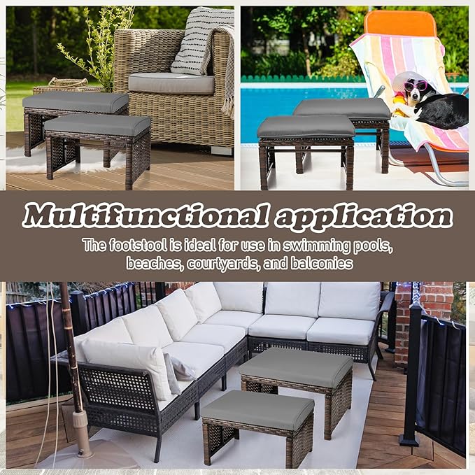 2 Pcs Patio Rattan Ottomans Outdoor Wicker Ottomans Patio Footstool Footrest with Removable Cushion Soft Zippered - Photo 6
