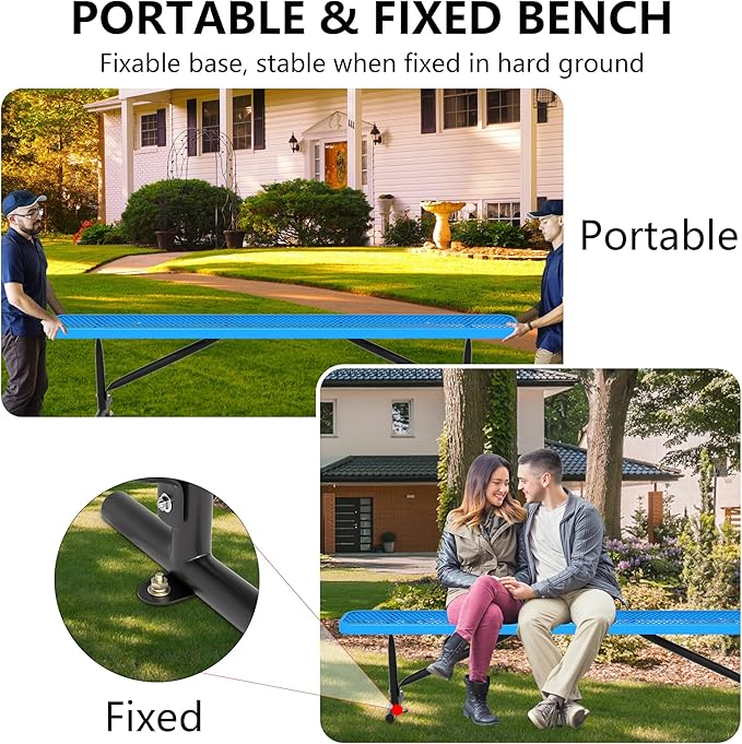 8FT Metal Park Bench for Outside, All-Weather Thermoplastic Coating Outdoor Bench with Anchor, Commercial Heavy Duty Benches for Shopping Malls, Stores, Parks, Patios, Decks, Blue