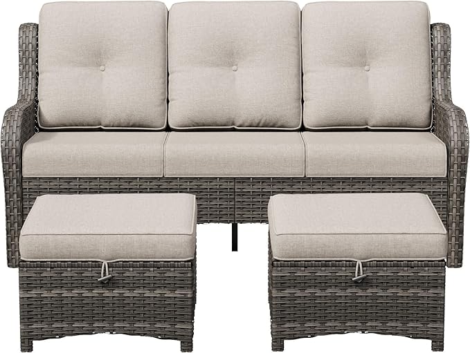 3-Piece Outdoor Couch Set, Include Wicker Patio Sofa with Thickened Olefin Cushions, High Back and Deep Seating, Hand-Woven PE Rattan and 2 Ottomans, Patio Conversation Set for Porch, Deck