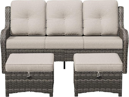 3-Piece Outdoor Couch Set, Include Wicker Patio Sofa with Thickened Olefin Cushions, High Back and Deep Seating, Hand-Woven PE Rattan and 2 Ottomans, Patio Conversation Set for Porch, Deck