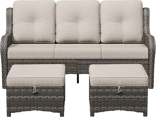 3-Piece Outdoor Couch Set, Include Wicker Patio Sofa with Thickened Olefin Cushions, High Back and Deep Seating, Hand-Woven PE Rattan and 2 Ottomans, Patio Conversation Set for Porch, Deck
