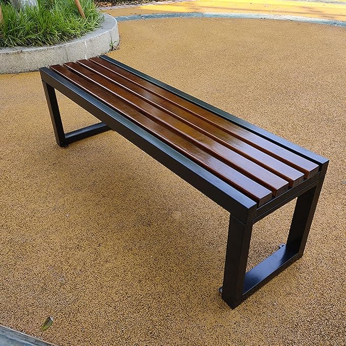 Garden Bench Park Slatted Seats Patio Loveseat, Outdoor Wooden Backless Porch Bench Metal Frame Chair, Lawn Front Porch Path Yard Decor Deck Furniture for 2-3 Person Seat, For Hospital/School/Plaza