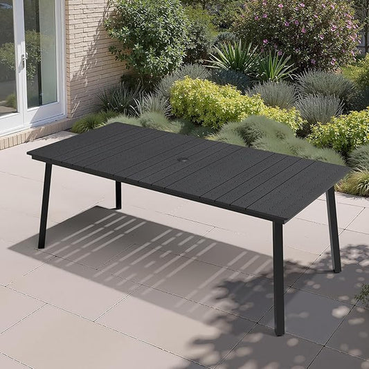 Crestlive Products Patio Dining Table for 6, 70 Inch Rectangular Outdoor Table with Wood-Like Tabletop Metal Frame Deck Table with 1.6" Umbrella Hole for Backyard, Balcony, Garden (Black)