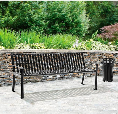Global Industrial 6 ft. Outdoor Heavy-Duty Portable Park Bench with Back, Vertical Steel Slat, Corrosion-Resistant Black Powder Coat Finish, Unassembled