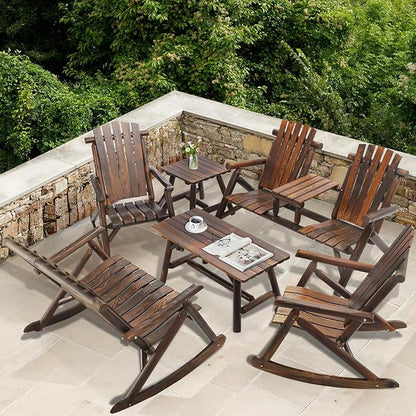 6-Piece Outdoor Wood Log Rocking Conversation Set, Patio Adirondack Furniture Set Including 2-Seater Loveseat, 2 Coffee Table, 2 Log Rocker Chair, Garden Bench & Built-in Table, Carbonized