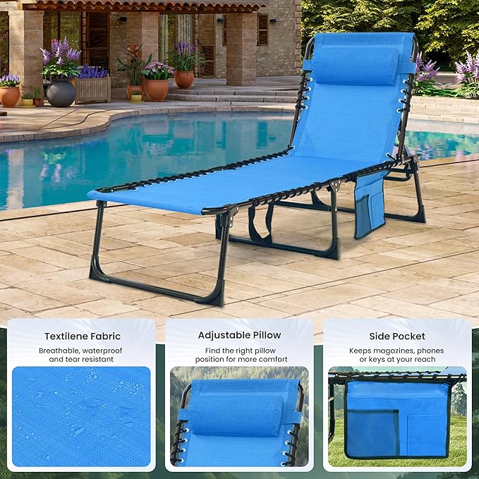 Outdoor Folding Chaise Lounge 5-Position Adjustable Recliner 400LB Heavy Duty Portable Patio Camping Beach Chair, Blue - Photo 7