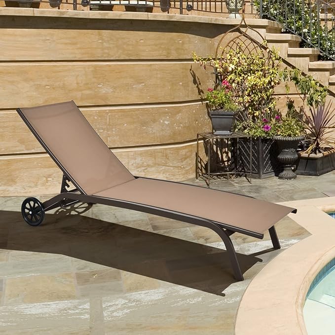 Tangkula Outdoor Chaise Lounge Chair, Patio Lounge Recliner with 6-Position Adjustable Backrest, Breathable Fabric and Smooth Wheels, Outdoor Lounge Chair (1, Brown)