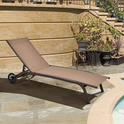 Tangkula Outdoor Chaise Lounge Chair, Patio Lounge Recliner with 6-Position Adjustable Backrest, Breathable Fabric and Smooth Wheels, Outdoor Lounge Chair (1, Brown)