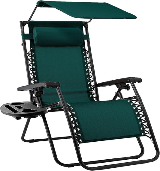 Best Choice Products Folding Zero Gravity Outdoor Recliner Patio Lounge Chair w/Adjustable Canopy Shade, Headrest, Side Accessory Tray, Textilene Mesh - Forest Green