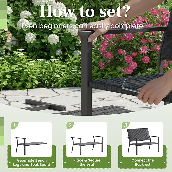 AECOJOY Outdoor Garden Bench, Weatherproof Wicker Outside Benches Clearance, Black Patio Loveseat with Backrest Armrests for Lawn Yard Porch Work Entryway (Black Rattan Back)