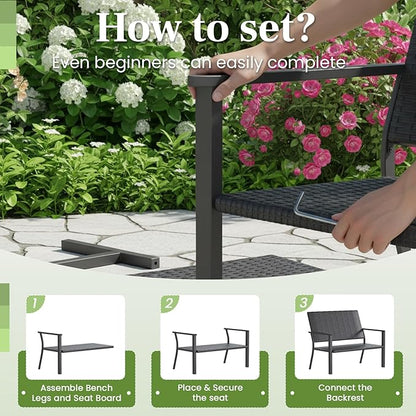 AECOJOY Outdoor Garden Bench, Weatherproof Wicker Outside Benches Clearance, Black Patio Loveseat with Backrest Armrests for Lawn Yard Porch Work Entryway (Black Rattan Back)